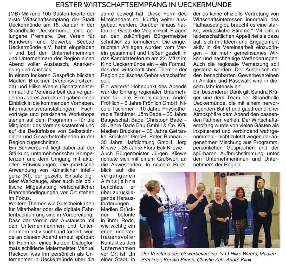 Artikel im Ueckermünder Stadtreporter über den ersten Wirtschaftsempfang