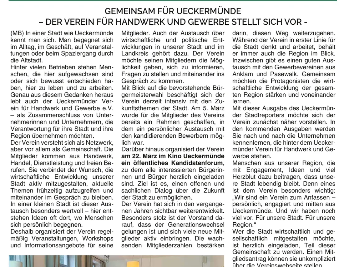 Artikel im Ueckermünder Stadtreporter: Der Verein für Handwerk und Gewerbe stellt sich vor
