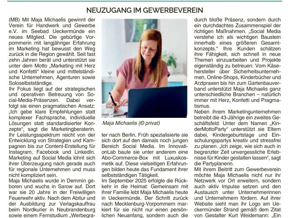 Artikel im Ueckermünder Stadtreporter über Maja Michaelis