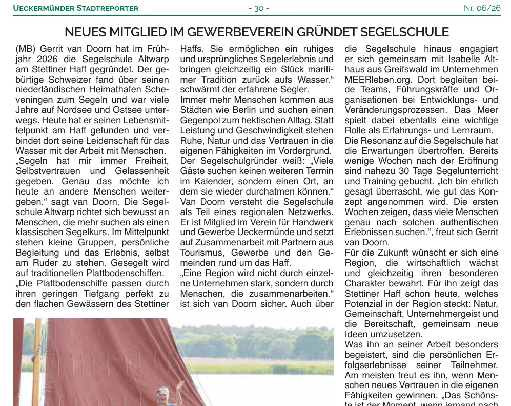 Artikel im Ueckermünder Stadtreporter über Gerrit van Doorn