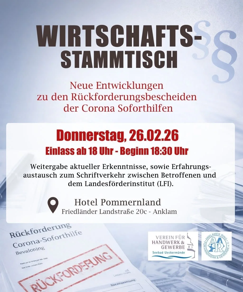 Plakat zum Wirtschaftsstammtisch über die Rückforderung der Corona-Soforthilfen